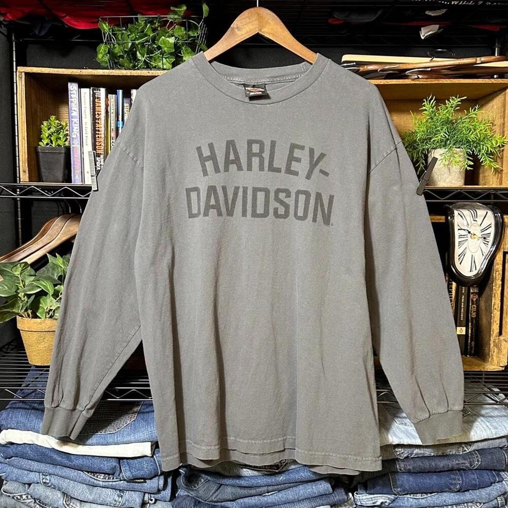 Harley Davidson Basic Long Sleeve Biker Tee Mens XL Grey Black Motorcycle Shirt